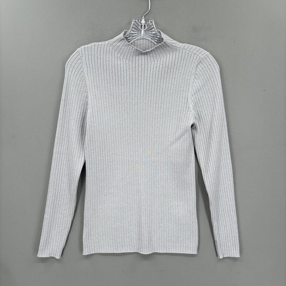 J.McLaughlin Sweater Small Gray Metallic Mock Ribbed Knit Long Sleeve Sylvana